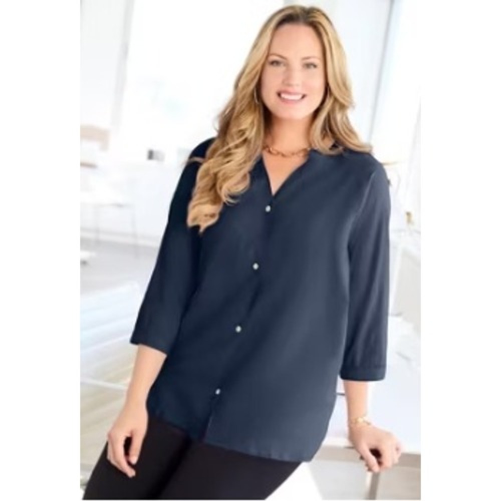 Catherines Y-Neck Blouse Women 4X Navy Blue 3/4 Sleeve Light Airy Button Up - Picture 4 of 6